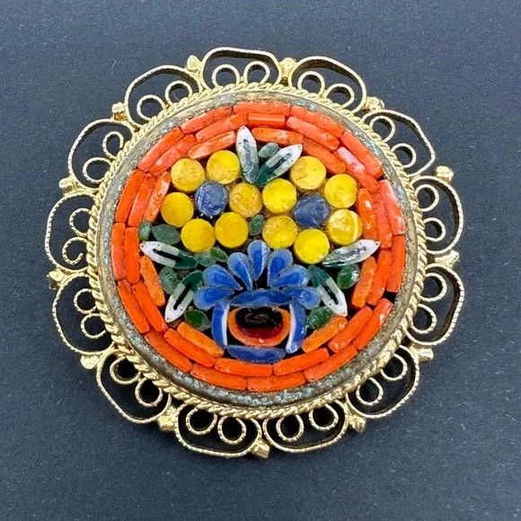 Vintage Italian Micro Mosaic Floral Brooch Scarf Hair Pin - Picture 8 of 9